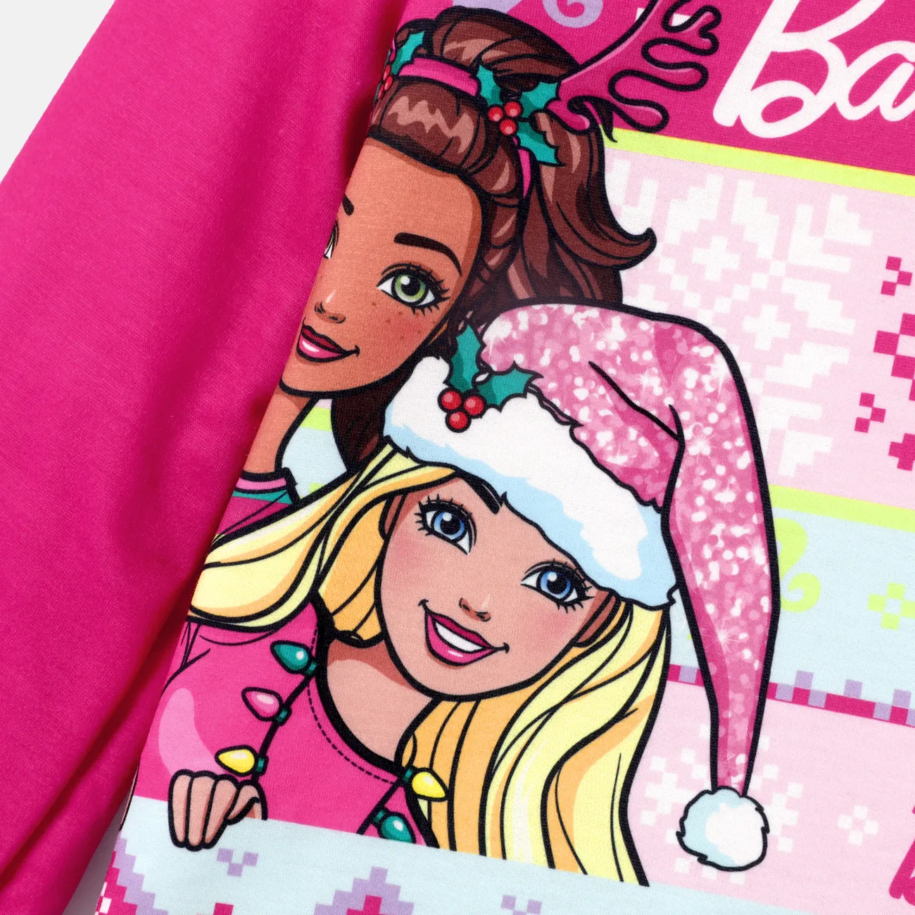 Barbie Toddler Girl Christmas Grass-green Ruffle Hem Long-sleeve Dress Hot Pink big image 1