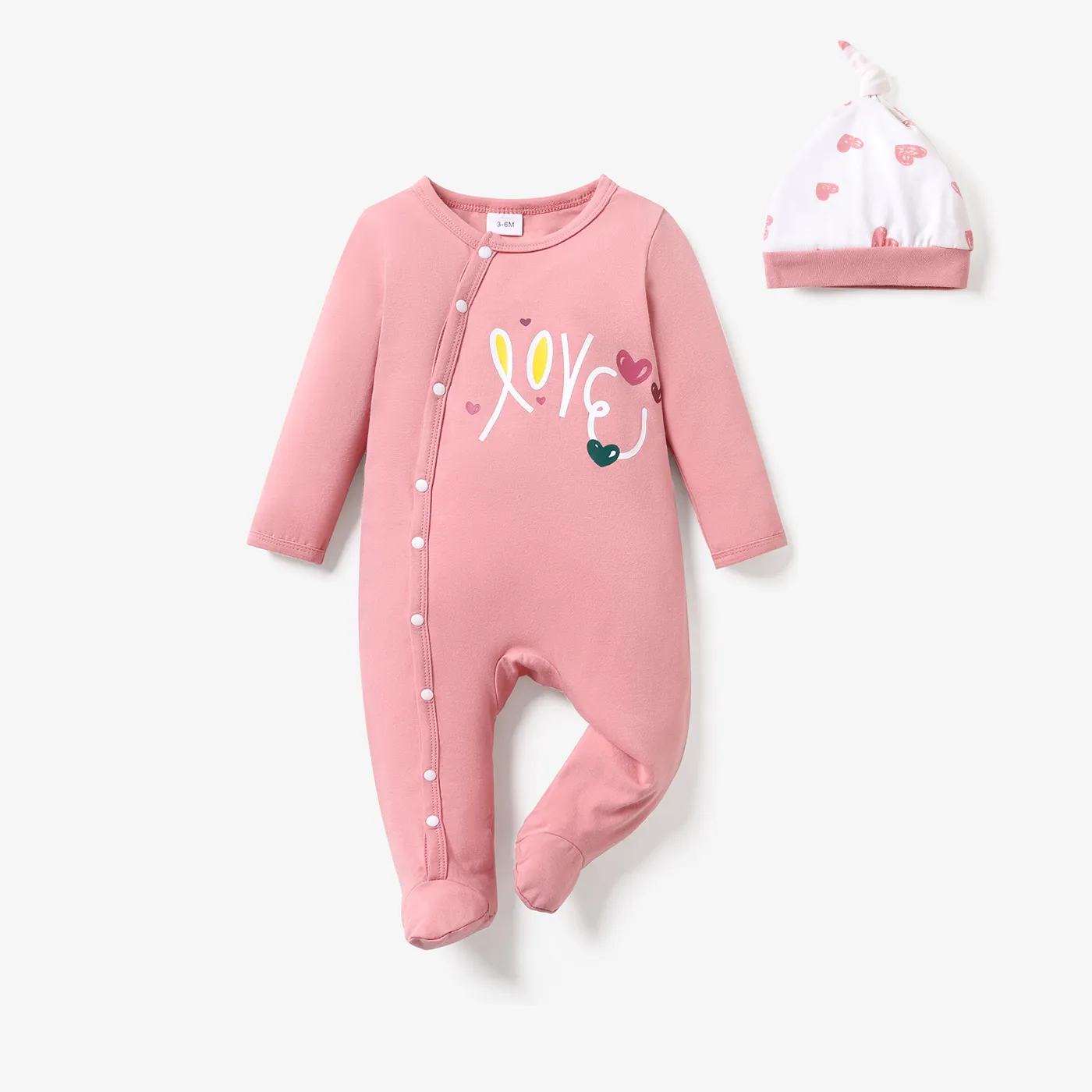2pcs Baby Love Heart Print Long-sleeve Footed Jumpsuit with Hat Set