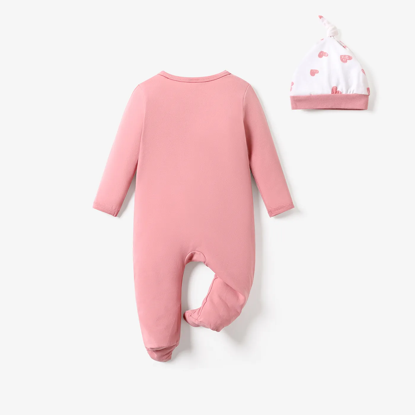 2pcs Baby 95% Cotton Long-sleeve Love Heart Print Footed Jumpsuit with Hat Set Pink image 3