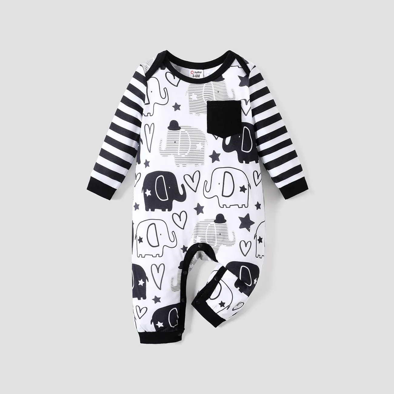 Baby Boy All Over Cartoon Elephant Print Striped Long-sleeve Jumpsuit Color block big image 1