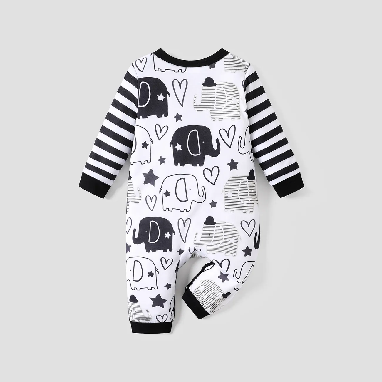 Baby Boy All Over Cartoon Elephant Print Striped Long-sleeve Jumpsuit Color block big image 1