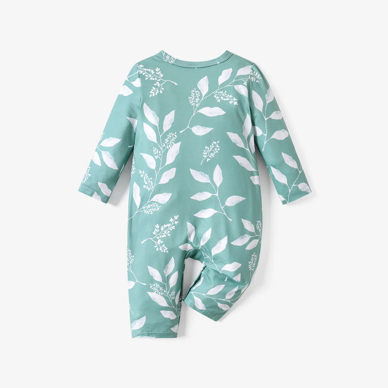 Baby Girl All Over Leaves Print Long-sleeve Snap-up Jumpsuit Light Green big image 1