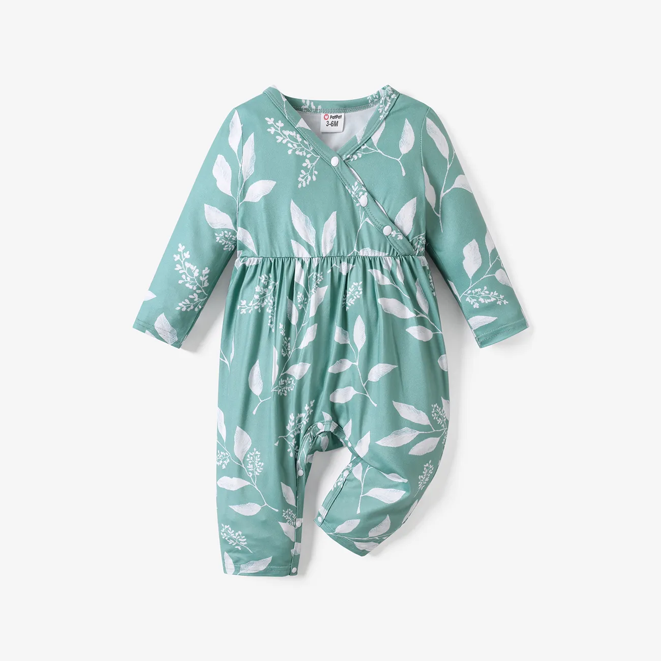 嬰兒 女 鈕扣 棕櫚葉 休閒 長袖 長腿連身衣 淺綠 big image 1