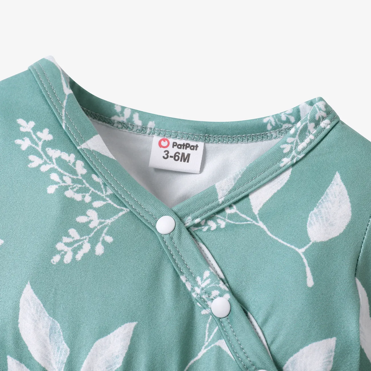 Baby Girl All Over Leaves Print Long-sleeve Snap-up Jumpsuit Light Green big image 1