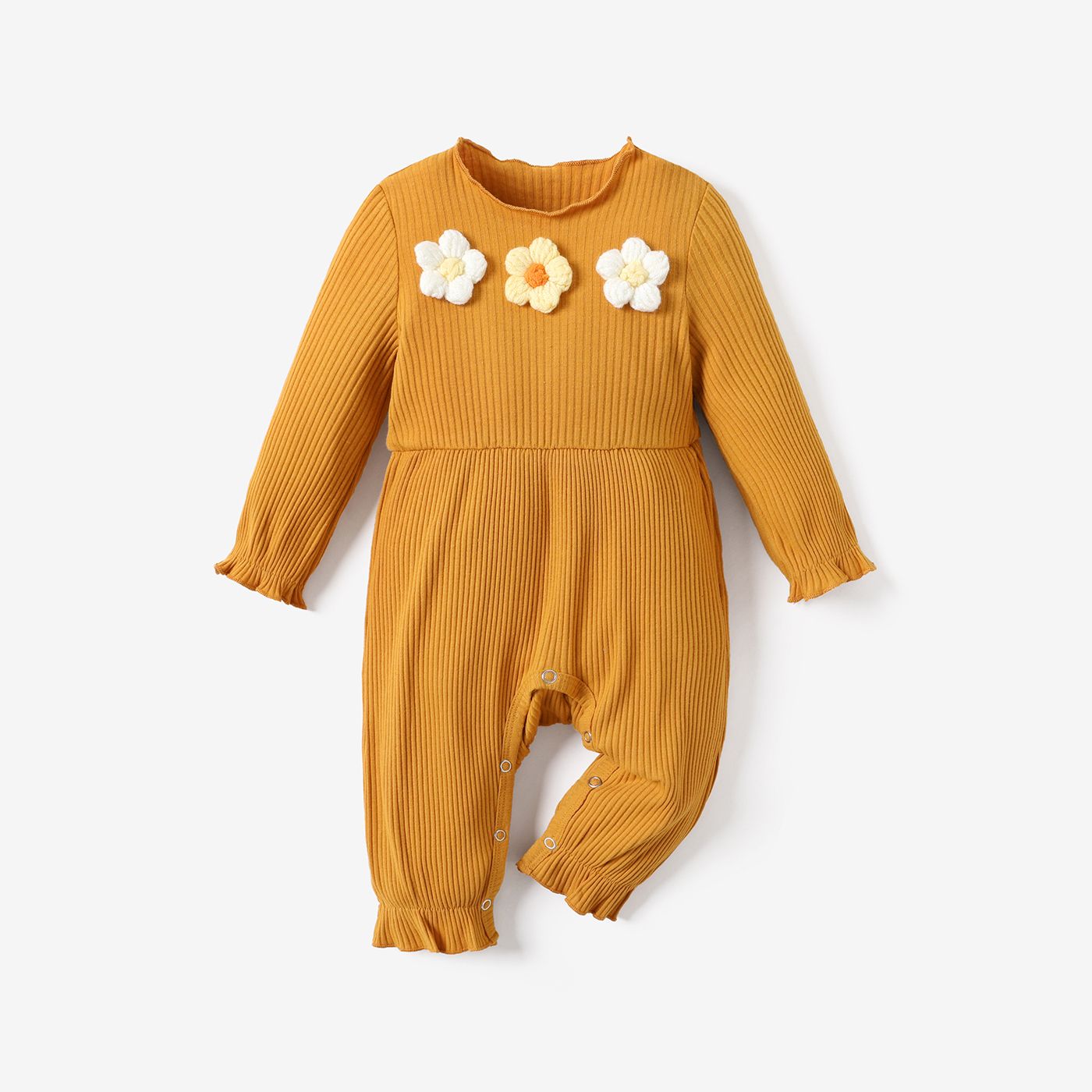 

Baby Girl Knitted Flower Detail Rib Knit Long-sleeve Jumpsuit