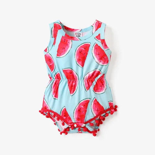Baby Girl Allover Watermelon Print Pom Poms Design Sleeveless Romper