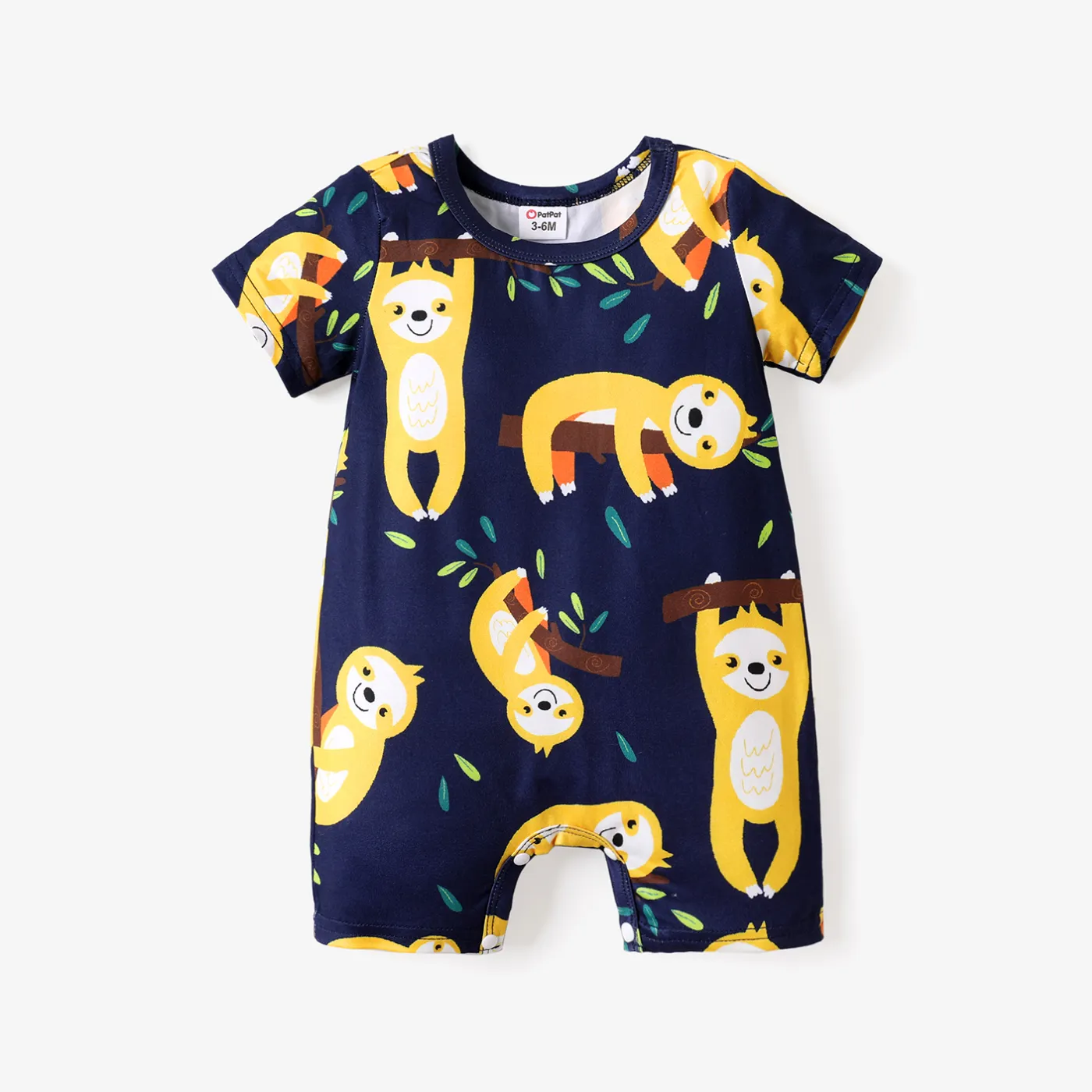 Baby Boy All Over Cartoon Sloth Print Black Short-sleeve Romper Color block big image 1