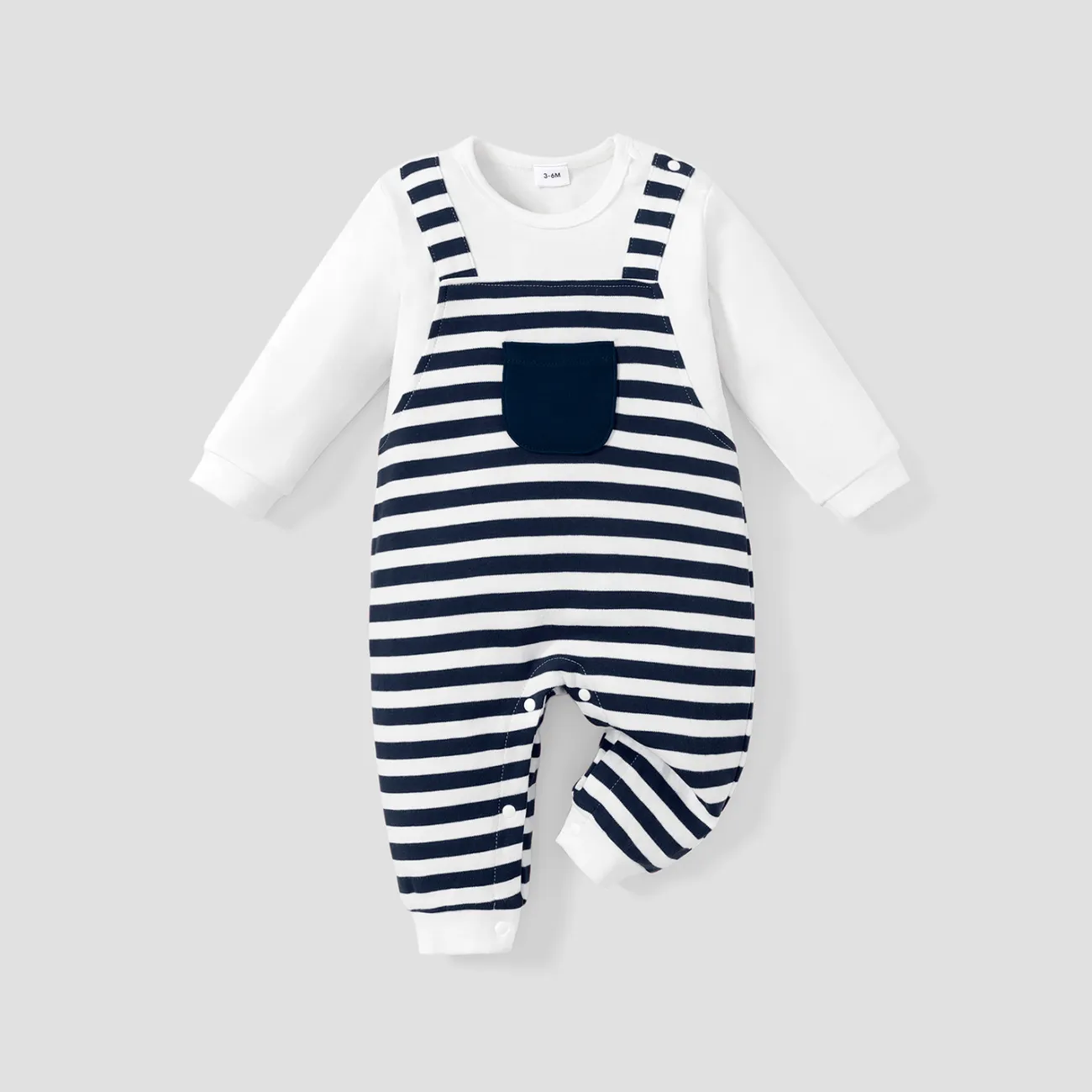100% Cotton Stripe Print Long-sleeve Baby Navy White Jumpsuit Dark Blue/white big image 1