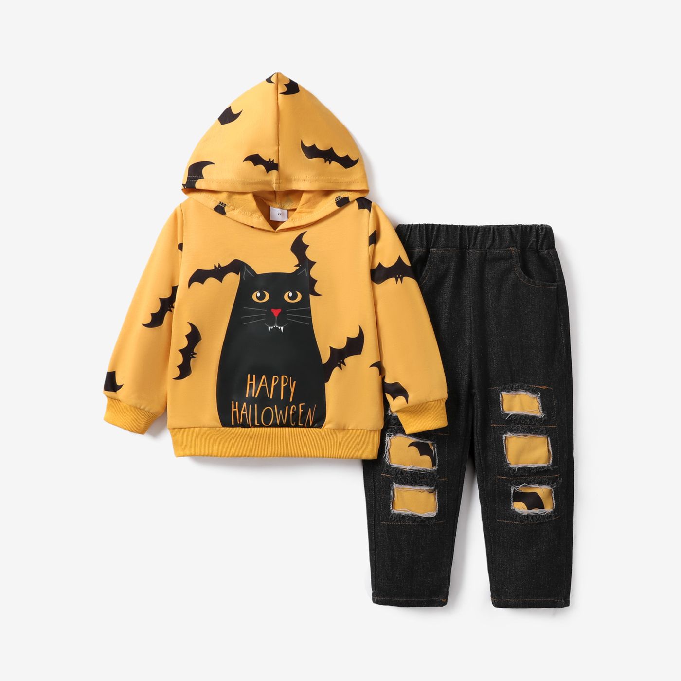 2pcs 100% Coton Toddler Garçon Halloween Avant-garde Bat Pattern Hooded Set