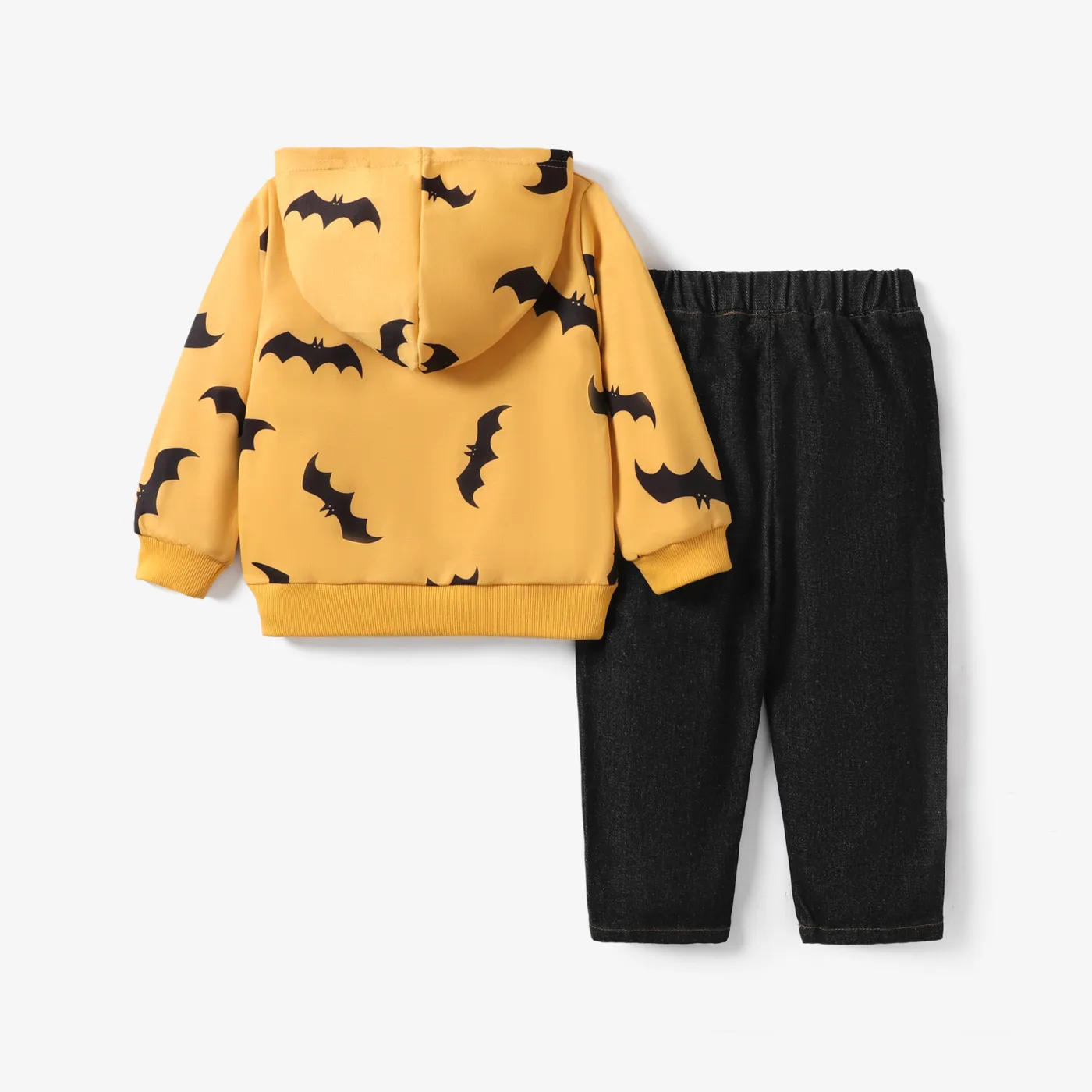 2pcs 100% Cotton Toddler Boy Halloween Avant-garde Bat Pattern Hooded Set Black image 2