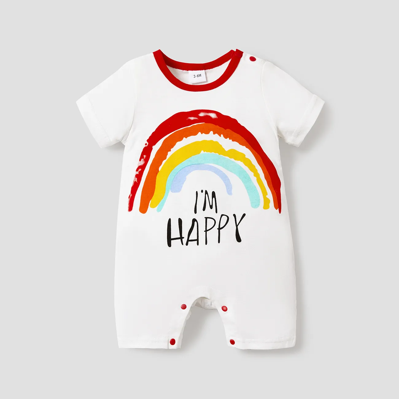 100% Cotton Letter and Rainbow Print Short-sleeve White Baby Romper White big image 1