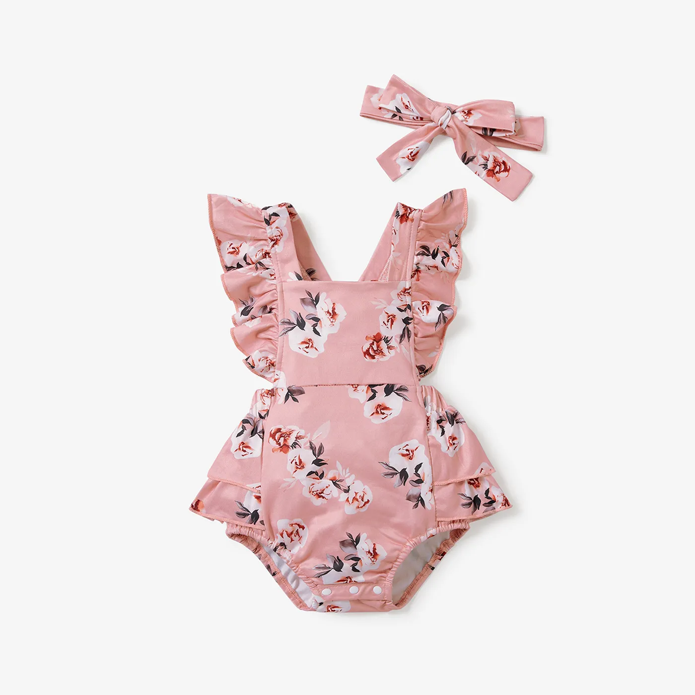 2pcs Baby Girl Allover Floral Print Ruffled Romper & Bow Headband Set  big image 1