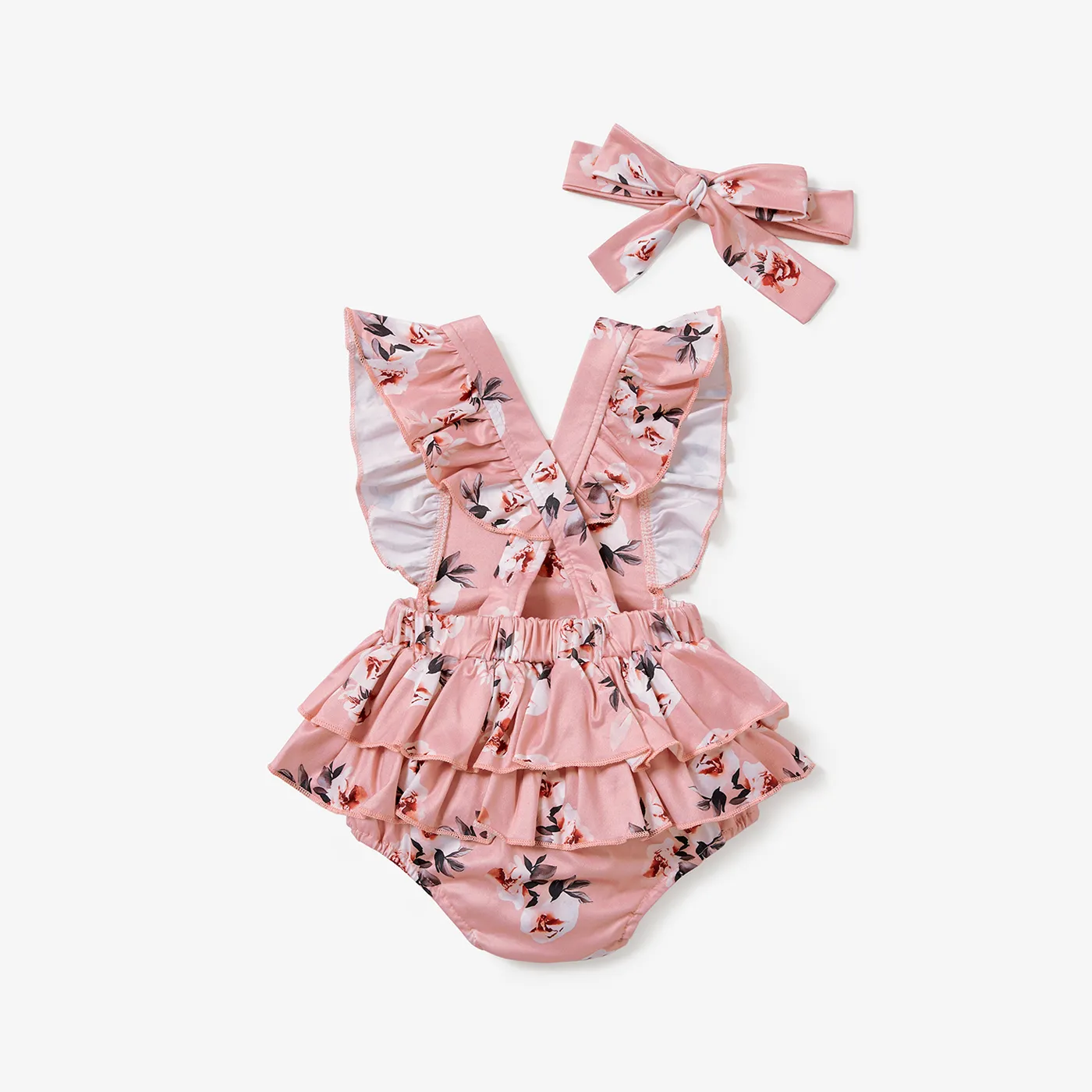 2pcs Baby Girl Allover Floral Print Ruffled Romper & Bow Headband Set  image 2