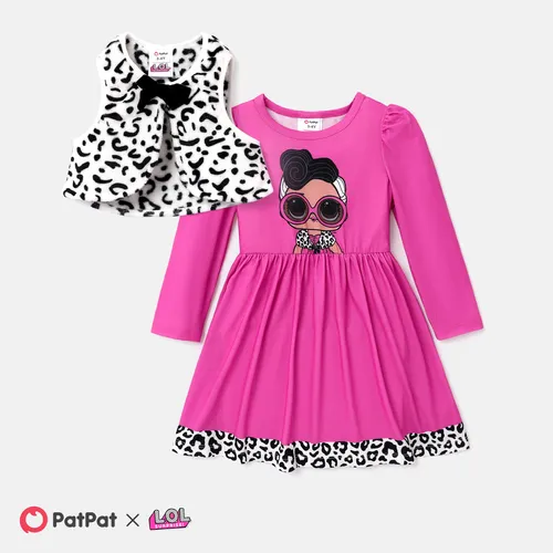 L.O.L. SURPRISE! 2pcs Kid Girl Leopard Vest and Character Print Long-sleeve Dress Set