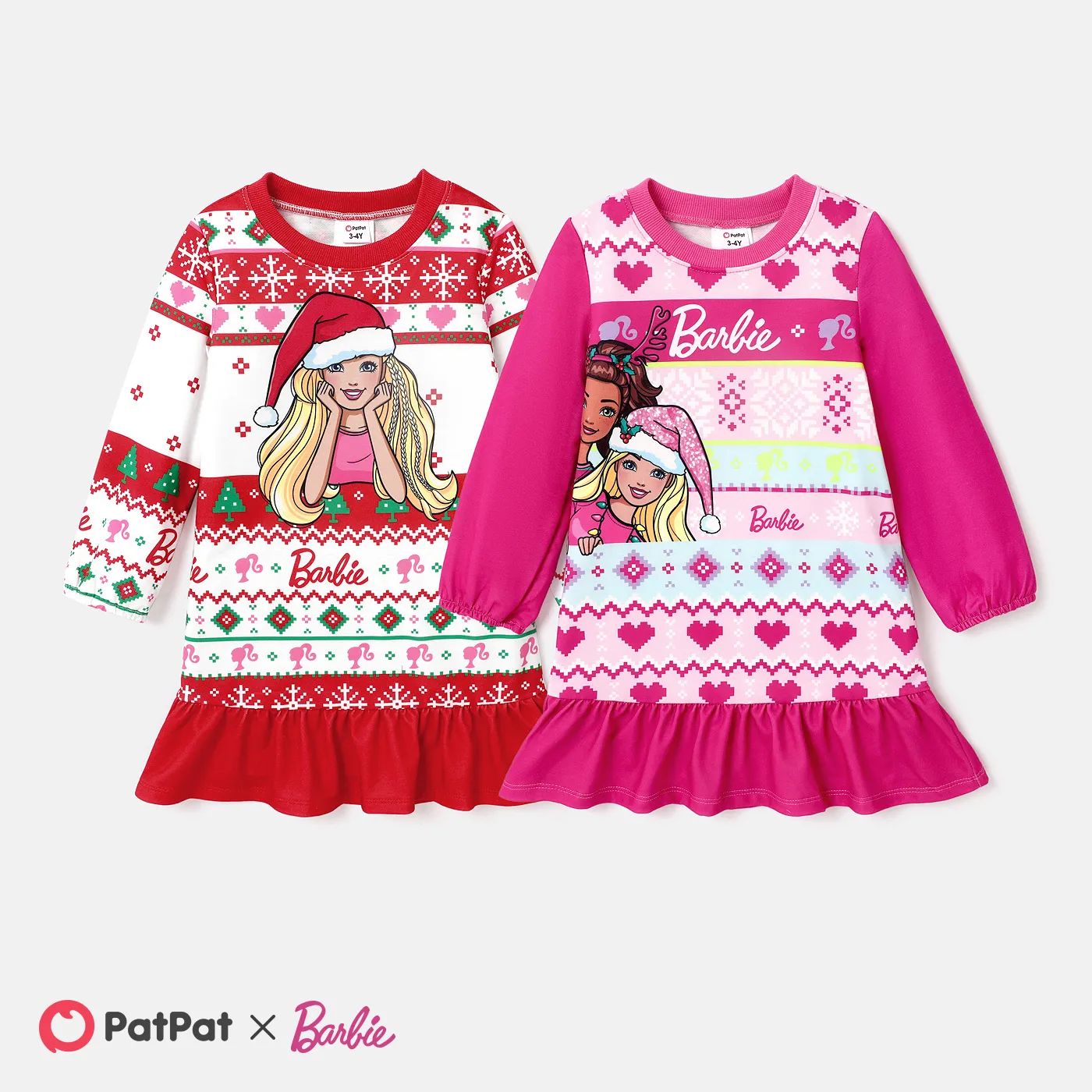 Barbie Toddler Girl Christmas Grass-green Ruffle Hem Long-sleeve Dress