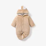 Solid Hooded 3D Bear Design Long-sleeve Baby Jumpsuit Khaki