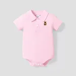100% Cotton Baby Boy/Girl Cartoon Bear Embroidered Polo Collar Short-sleeve Romper Pink