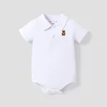 100% Cotton Baby Boy/Girl Cartoon Bear Embroidered Polo Collar Short-sleeve Romper White