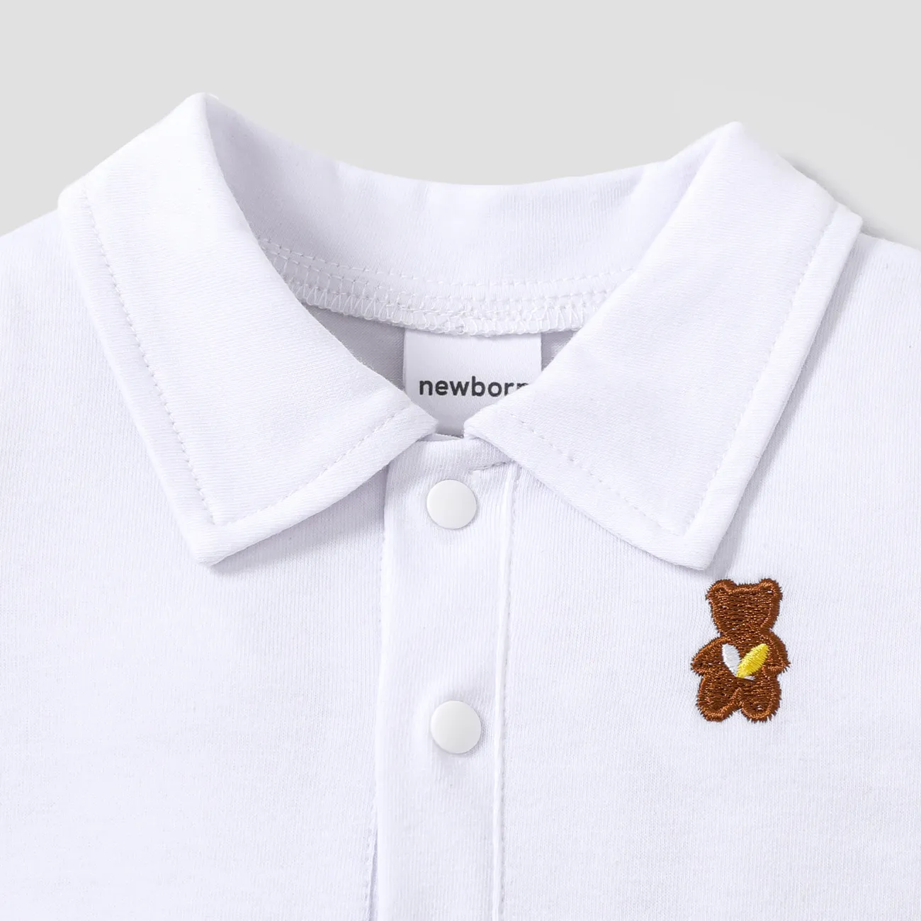 100% Cotton Baby Boy/Girl Cartoon Bear Embroidered Polo Collar Short-sleeve Romper White big image 1