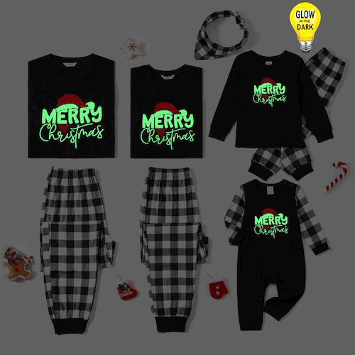 Christmas Family Matching Glow In The Dark Letters Print Long-sleeve Pajamas Sets (Flame resistant)