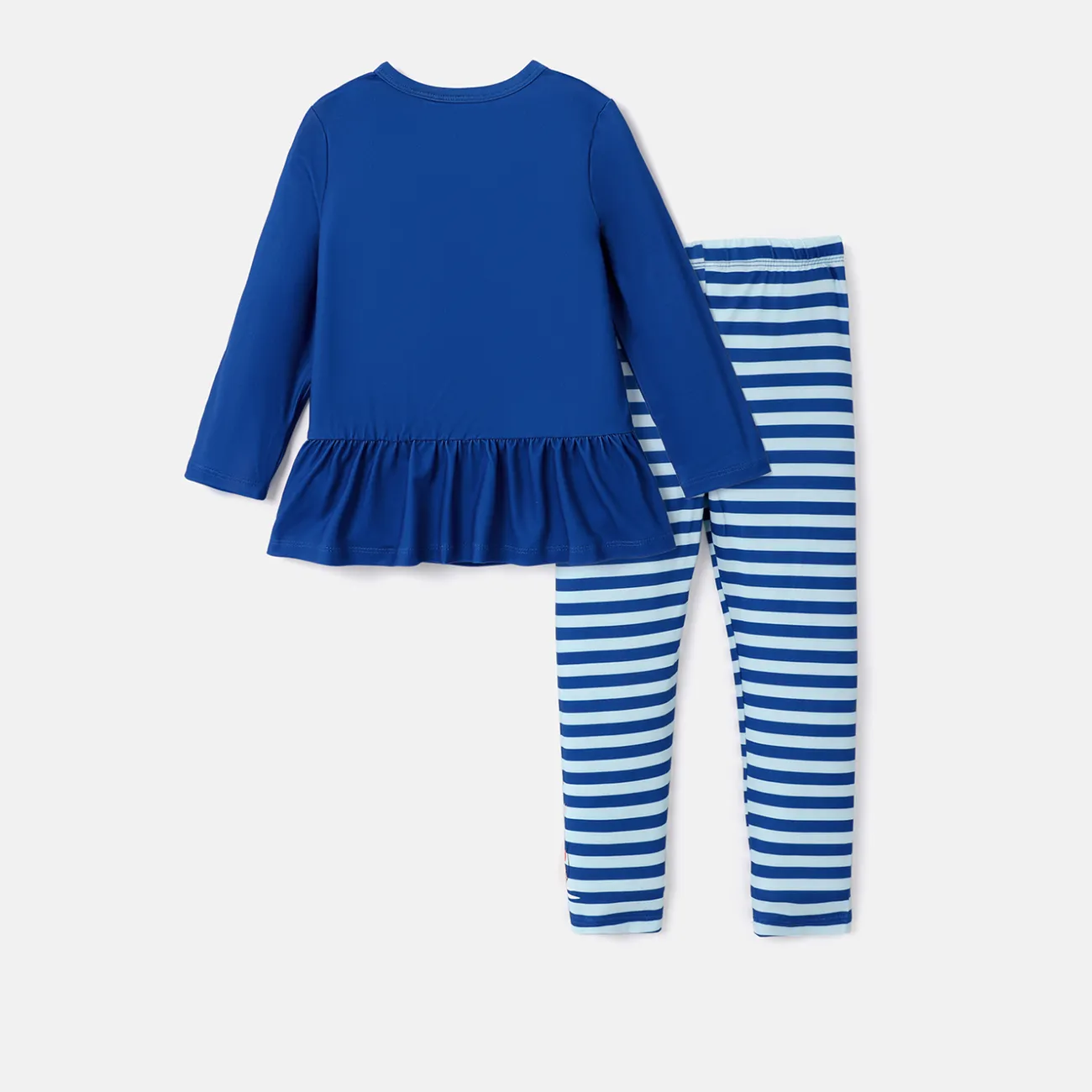 Disney Princess Toddler Girl 2pcs Character Print Peplum Long-sleeve Tee and Stripe Pants Set  Deep Blue big image 1