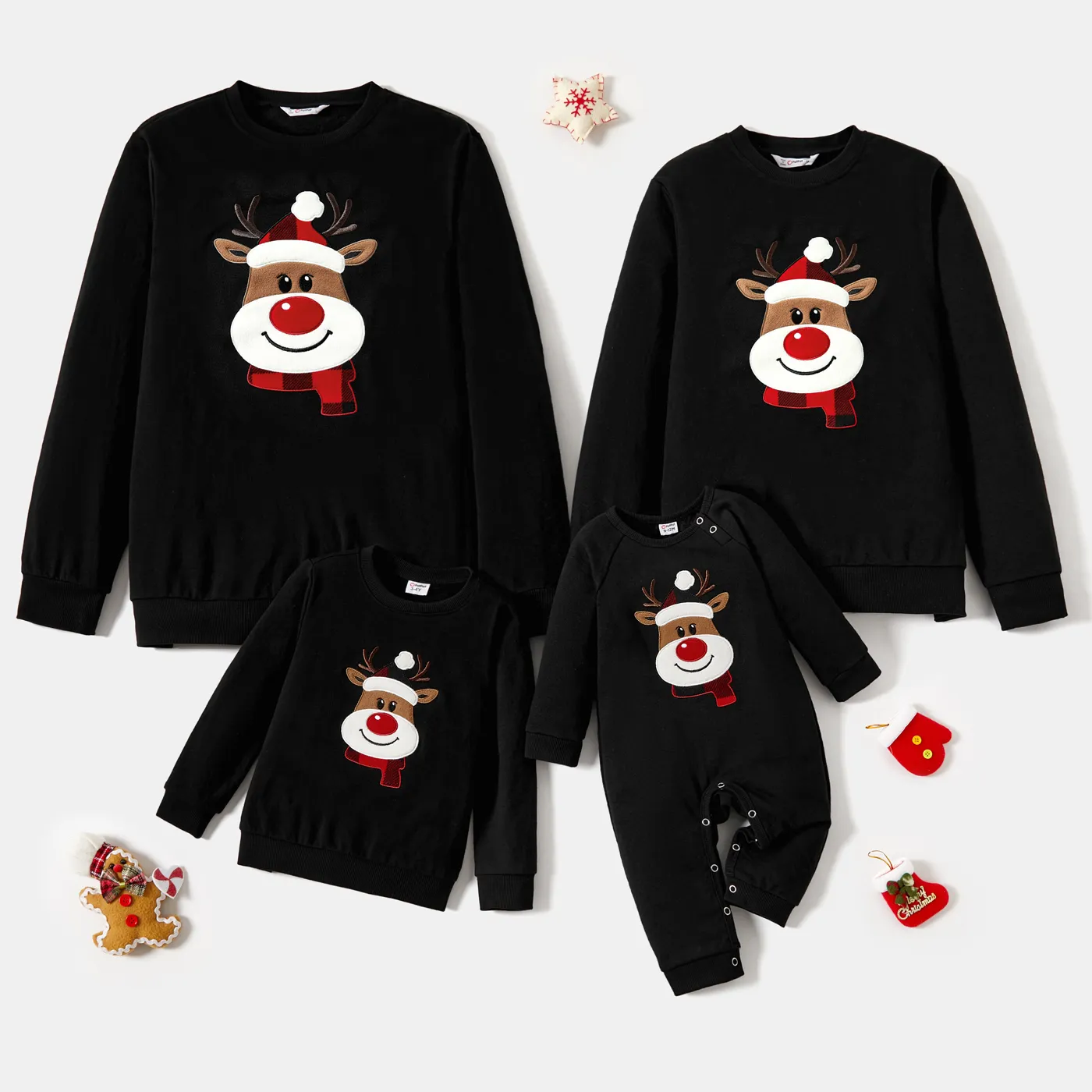 Christmas Family Matching Cartoon Reindeer Patch Long-sleeve Tops Black image 2