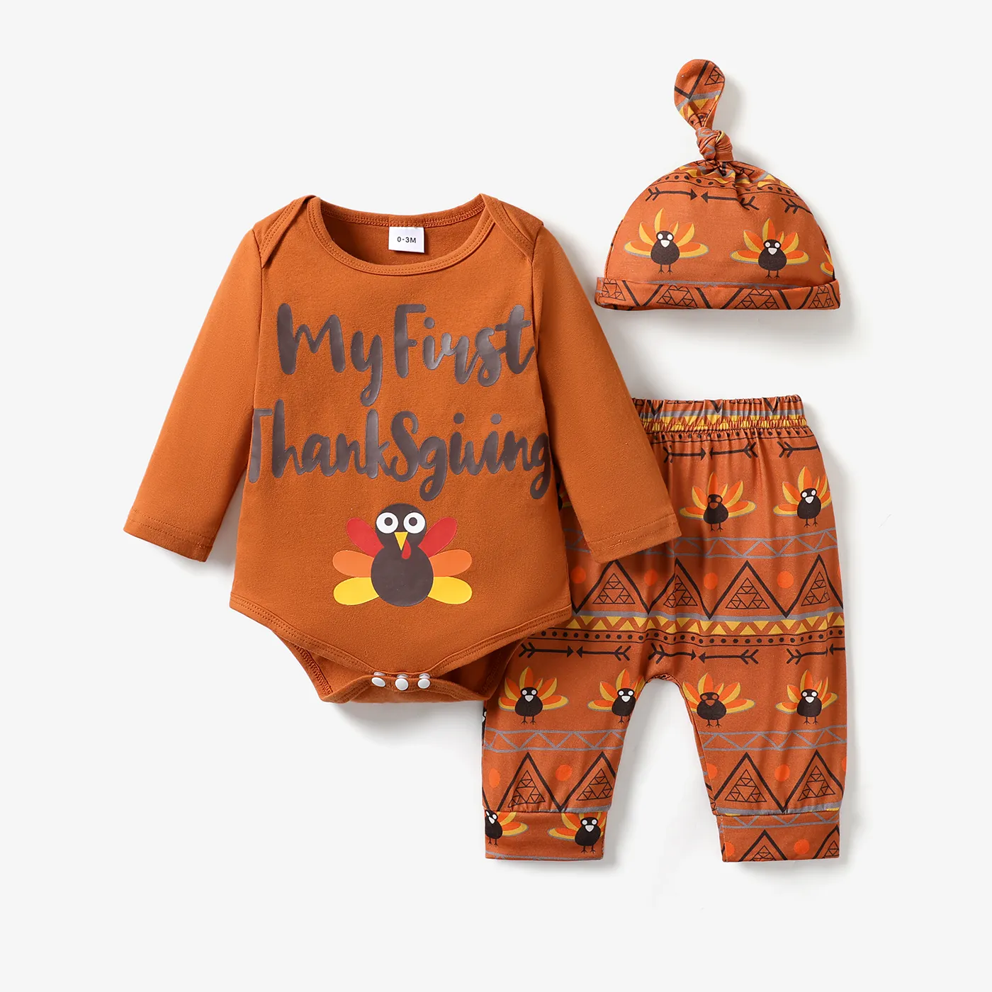 

Thanksgiving Day 3pcs Baby Boy/Girl 95% Cotton Long-sleeve Letter & Turkey Print Romper Set