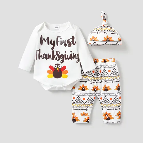 Thanksgiving Day 3pcs Baby Boy/Girl 95% Cotton Long-sleeve Letter & Turkey Print Romper Set