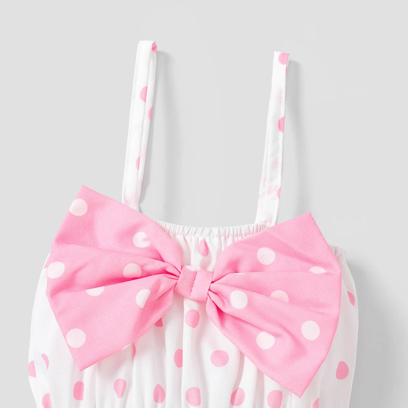 2pcs Baby Girl Allover Dots Bowknot Sleeveless Spaghetti Strap Romper with Headband Set Pink big image 1