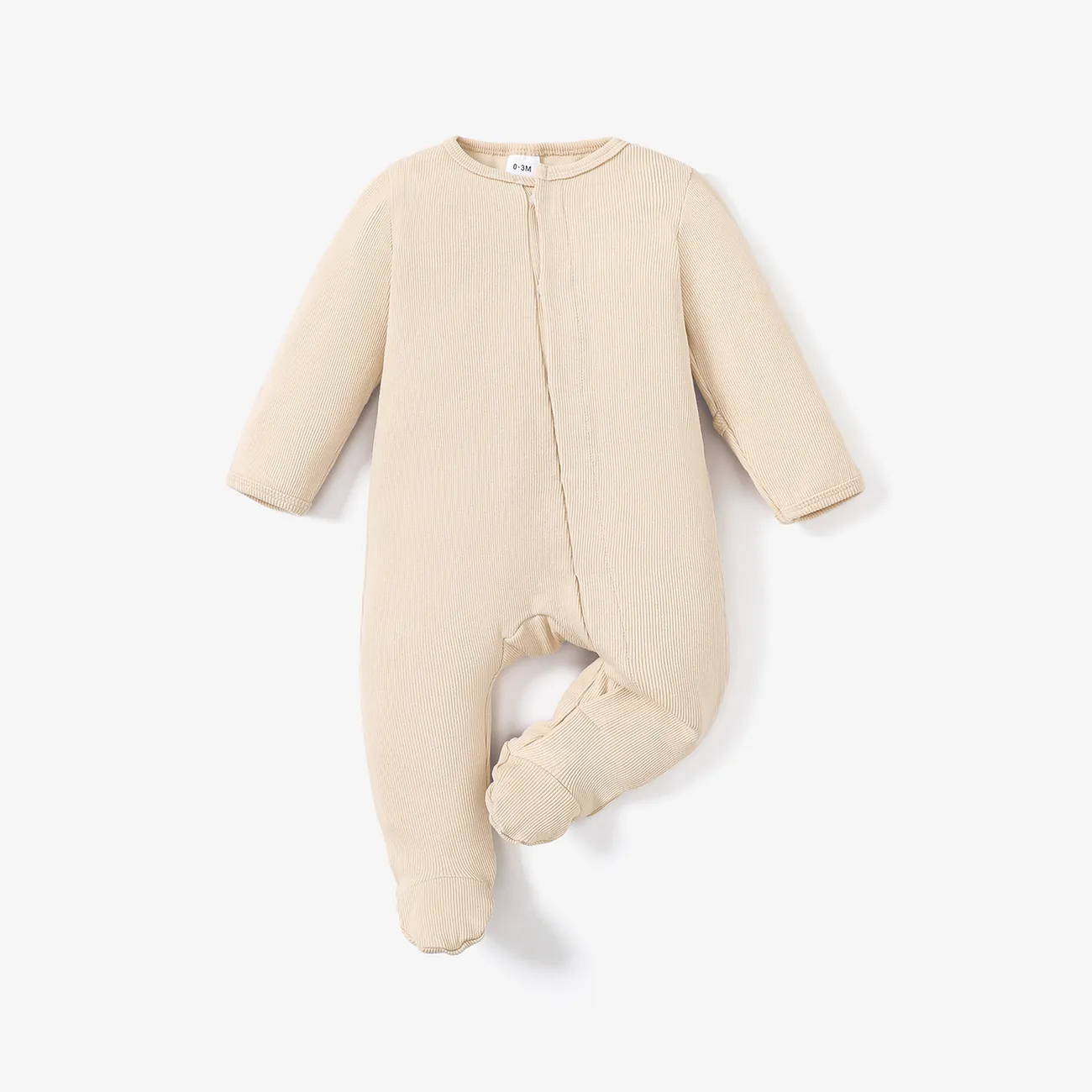 Baby Boy/Girl Ribbed Long-sleeve Footed Snap Jumpsuit Beige big image 1