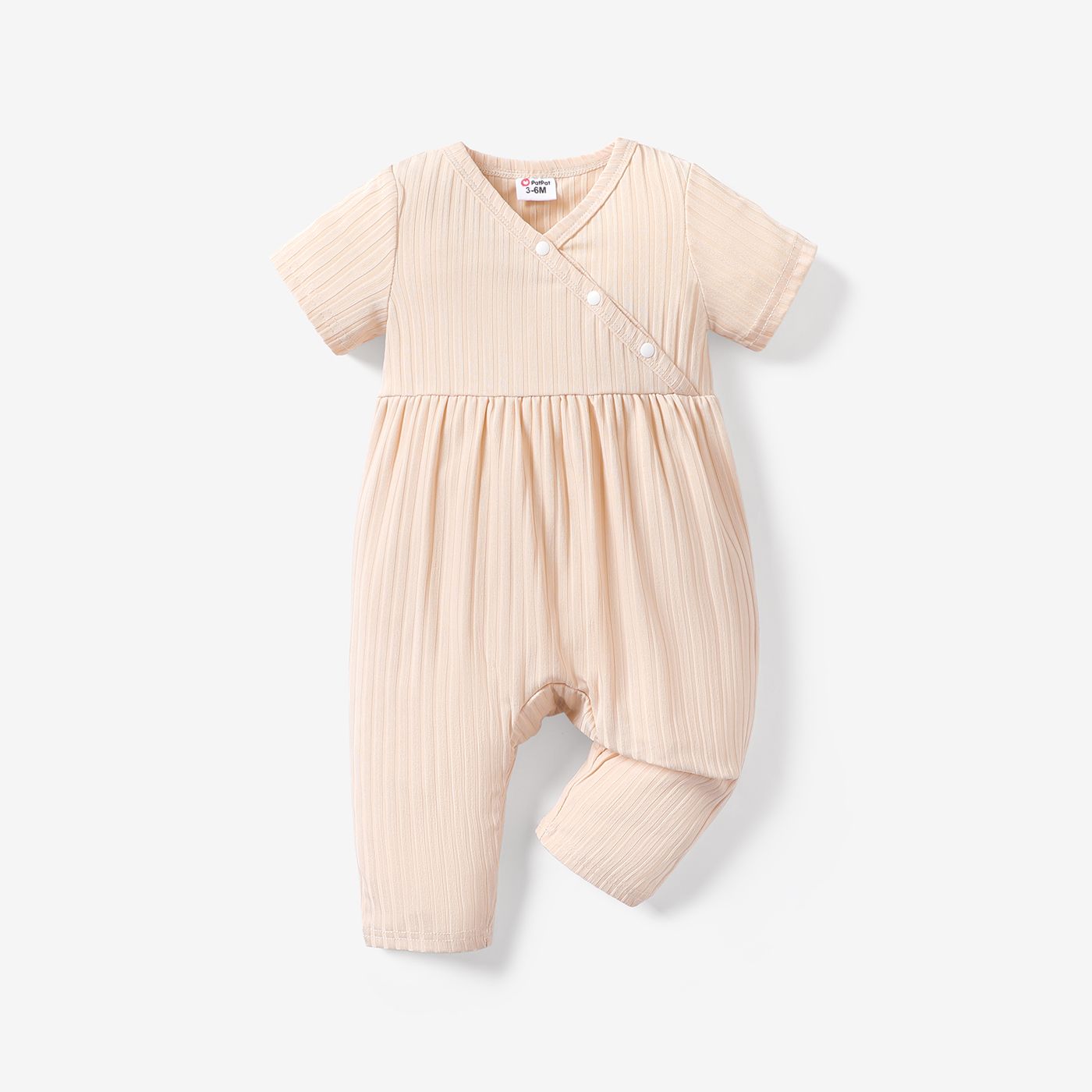 

Baby Girl Solid Ribbed V Neck Short-sleeve Jumpsuit