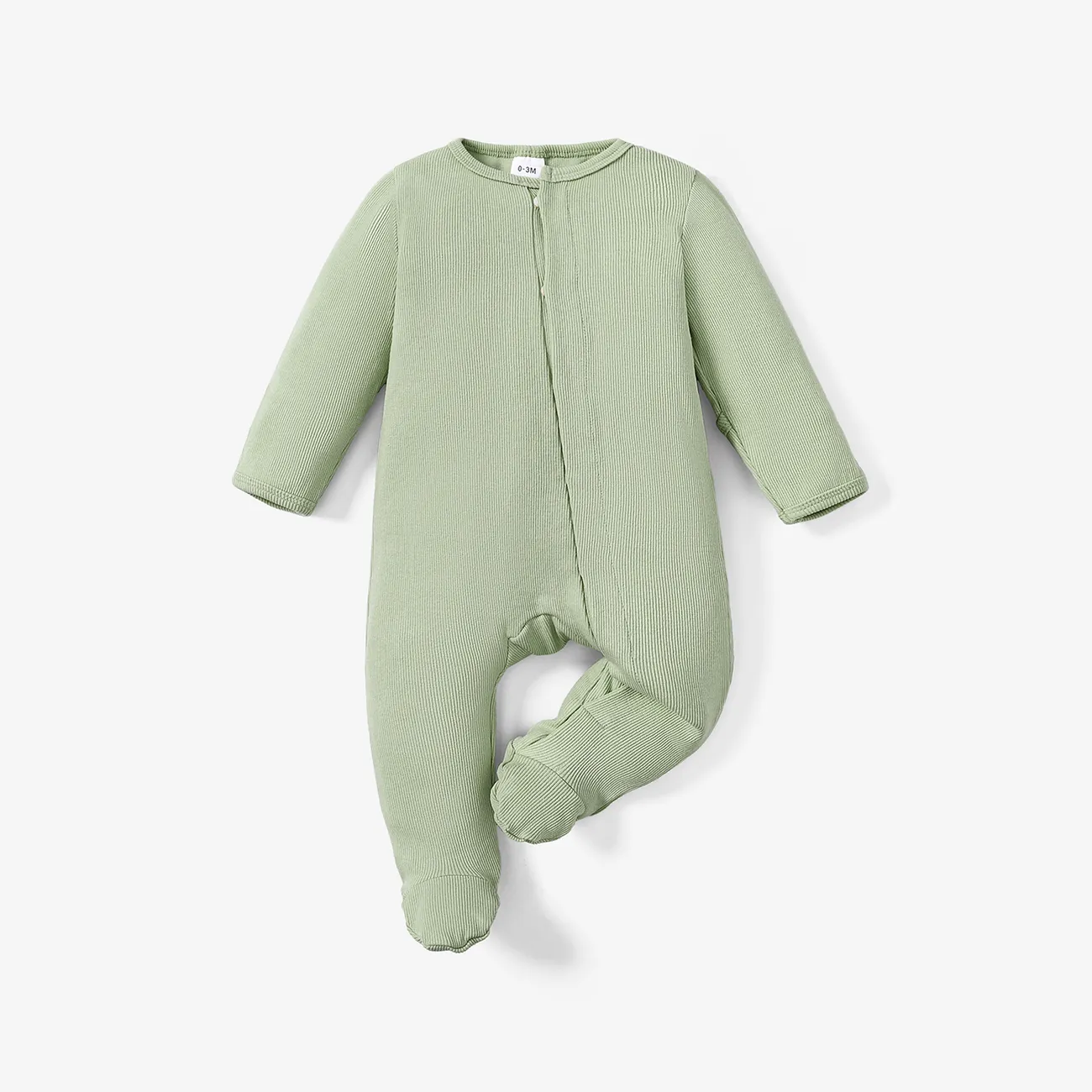 Baby Boy/Girl Ribbed Long-sleeve Footed Snap Jumpsuit Light Green big image 1