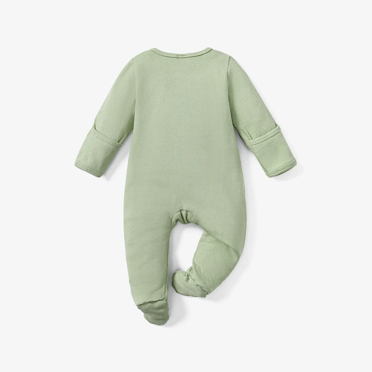 Baby Boy/Girl Ribbed Long-sleeve Footed Snap Jumpsuit Light Green big image 1