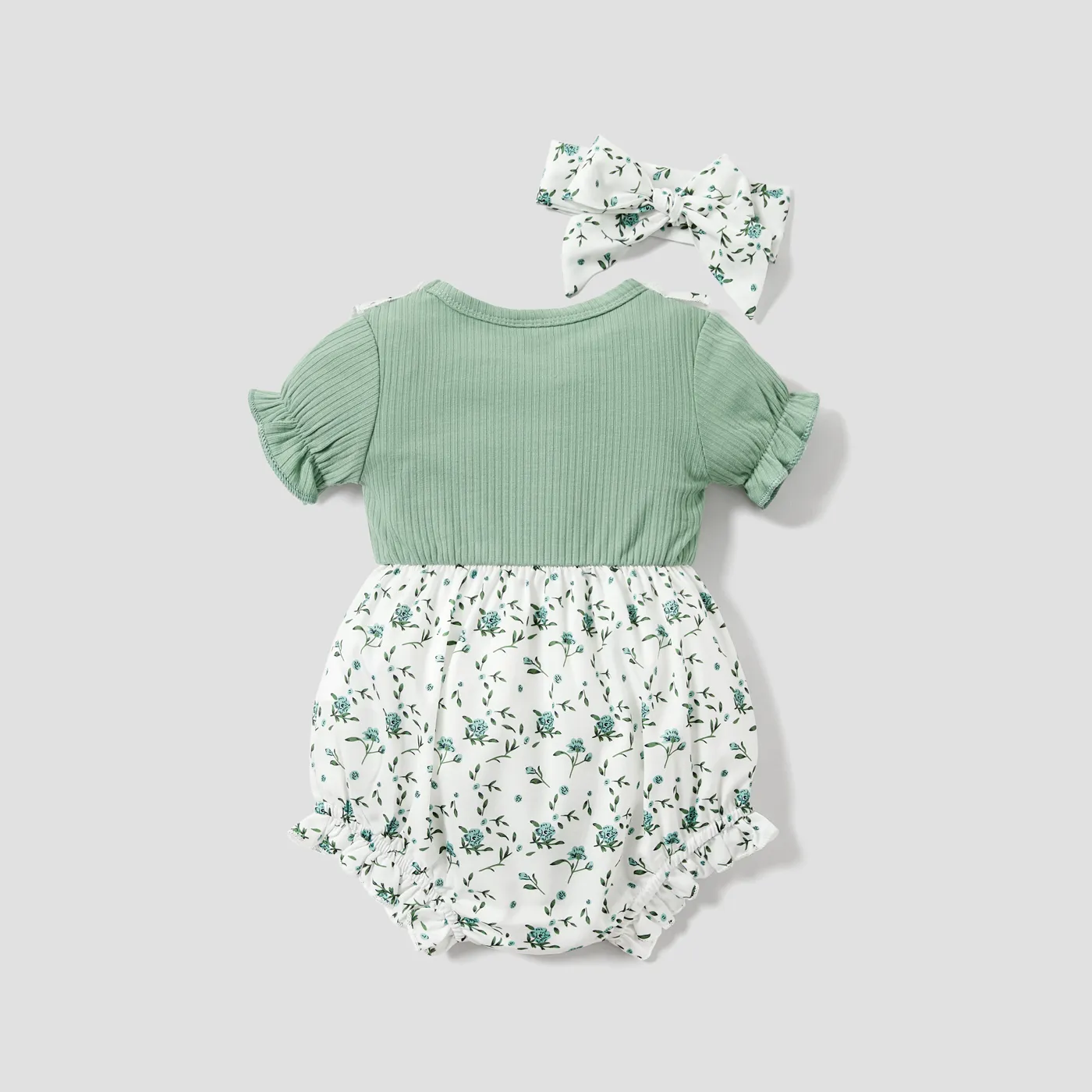 2pcs Baby Girl Ruffle Ribbed Allover Floral Print Puff-sleeve Romper and Headband Set  image 2