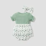 2pcs Baby Girl Ruffle Ribbed Allover Floral Print Puff-sleeve Romper and Headband Set  image 2