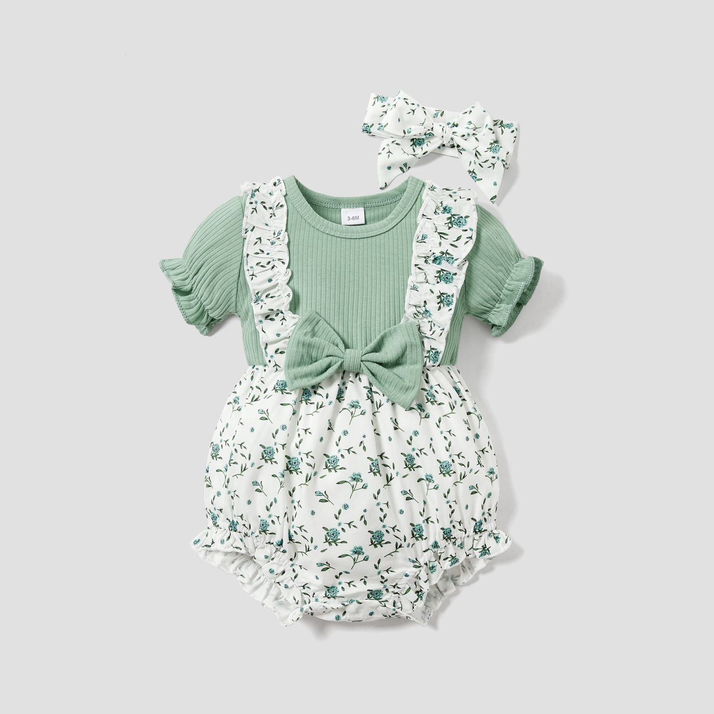 2pcs Baby Girl Ruffle Côtelé Allover Floral Print Puff-sleeve Romper Et Bandeau Set
