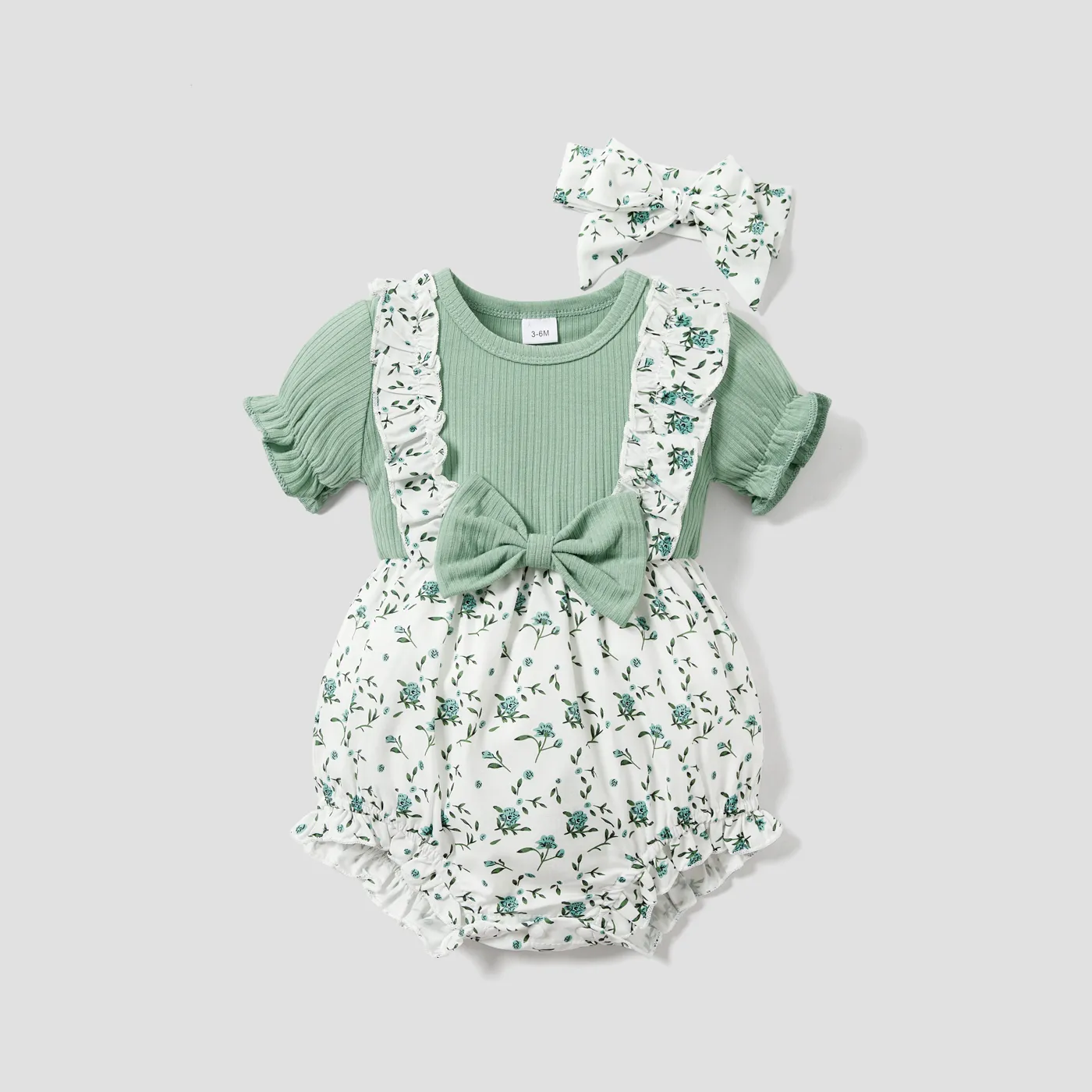 2pcs Baby Girl Ruffle Ribbed Allover Floral Print Puff-sleeve Romper and Headband Set  big image 1