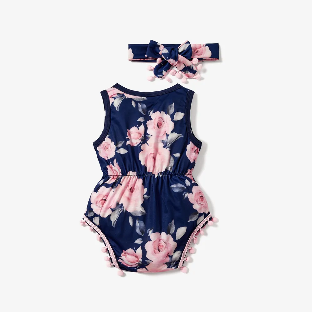 2pcs Floral Print Tasseled Sleeveless Baby Set big image 2