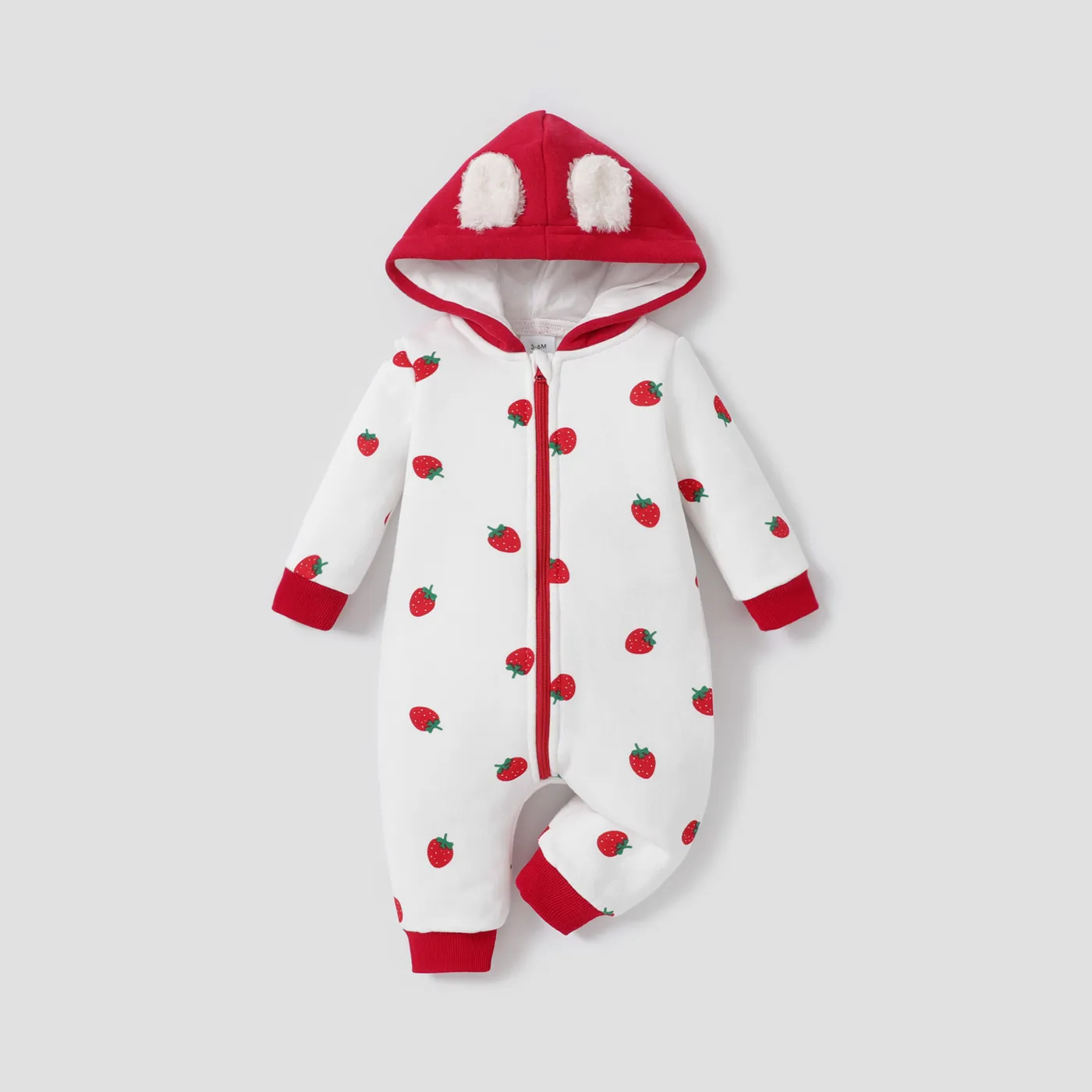 Heart or Strawberry Allover 3D Ear Decor Hooded Long-sleeve Baby Jumpsuit