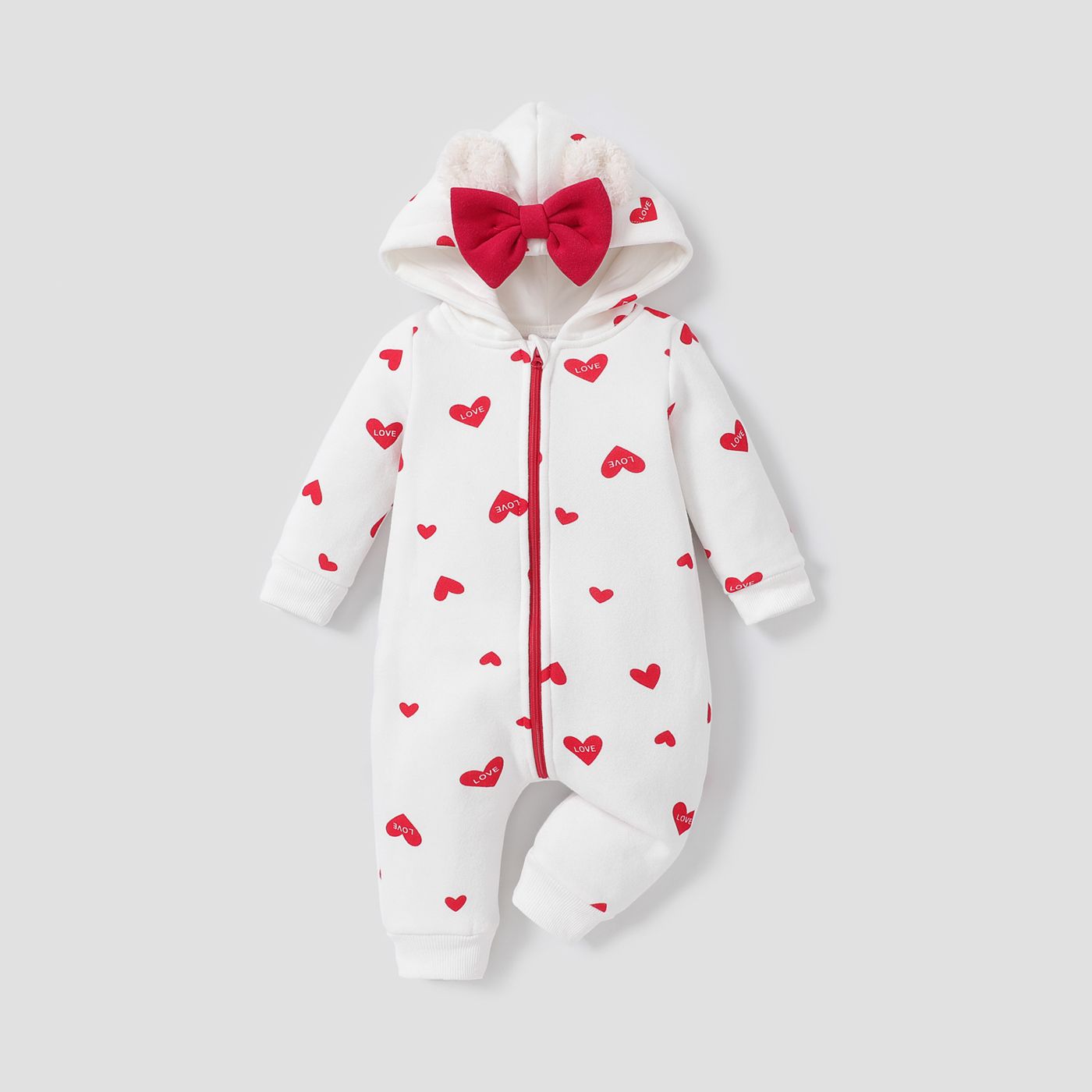 Heart Or Strawberry Allover 3D Ear Decor Hooded Long-sleeve Baby Jumpsuit