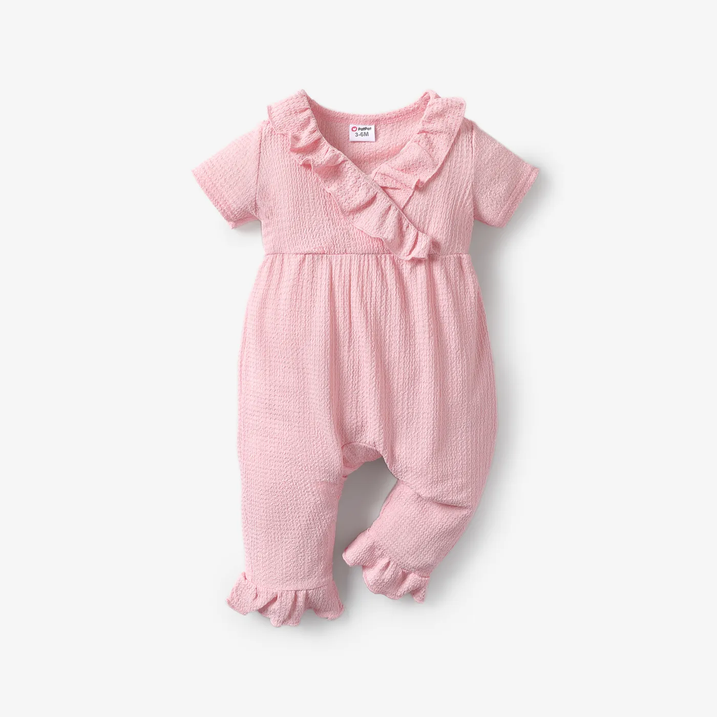 

Baby Girl Solid Textured Ruffle Trim Short-sleeve Jumpsuit