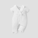 Baby Girl Solid Textured Ruffle Trim Short-sleeve Jumpsuit White