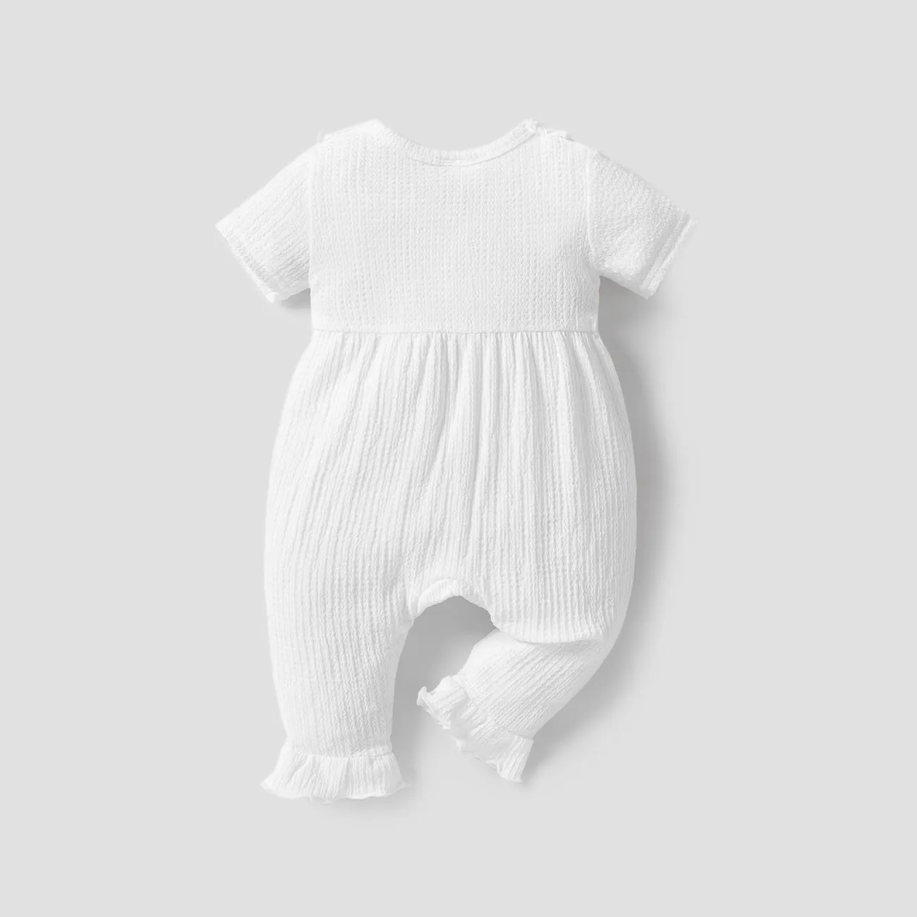 Baby Girl Solid Textured Ruffle Trim Short-sleeve Jumpsuit White big image 1