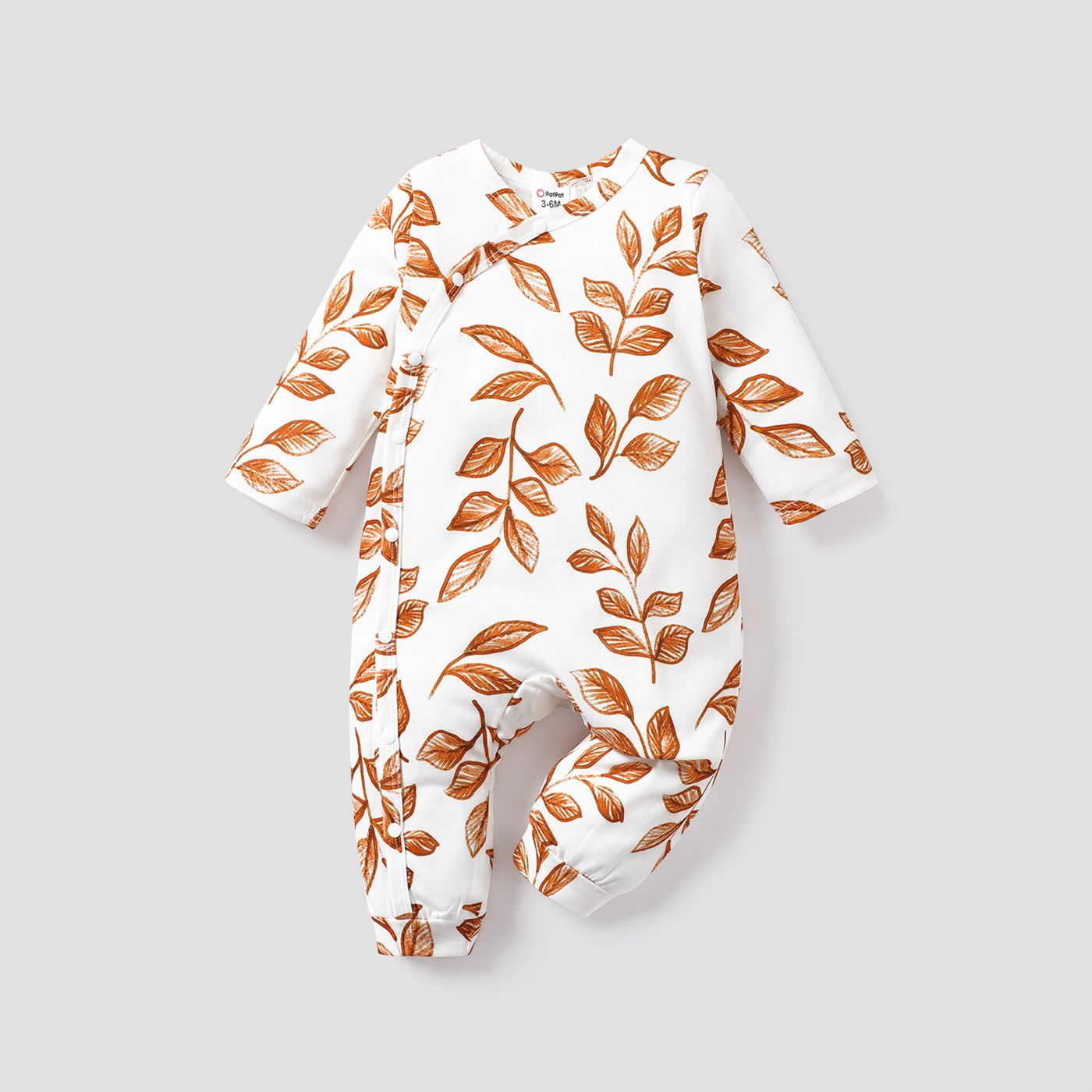 Baby Girl Leaves Print White/Brown Long-sleeve Jumpsuit