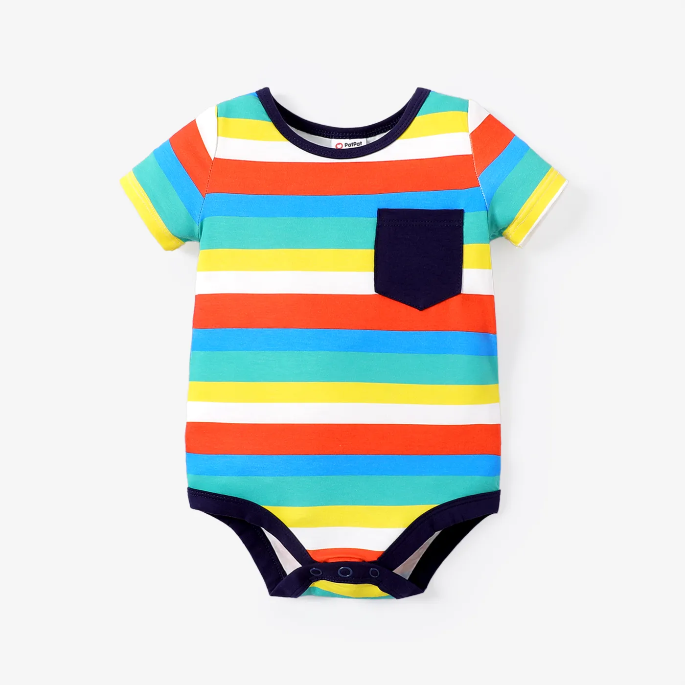 Baby Boy Cartoon Vehicle Print Grey/White/Colorful Striped Short-sleeve Romper COLOREDSTRIPES