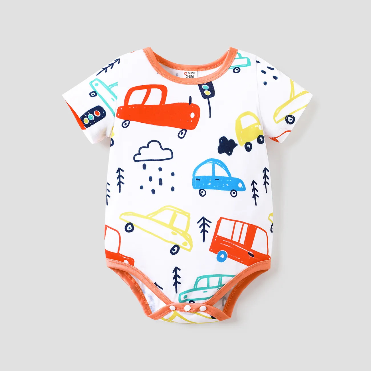 Baby Boy Cartoon Vehicle Print Grey/White/Colorful Striped Short-sleeve Romper Orange big image 1