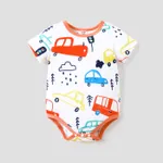 Baby Boy Cartoon Vehicle Print Grey/White/Colorful Striped Short-sleeve Romper Orange