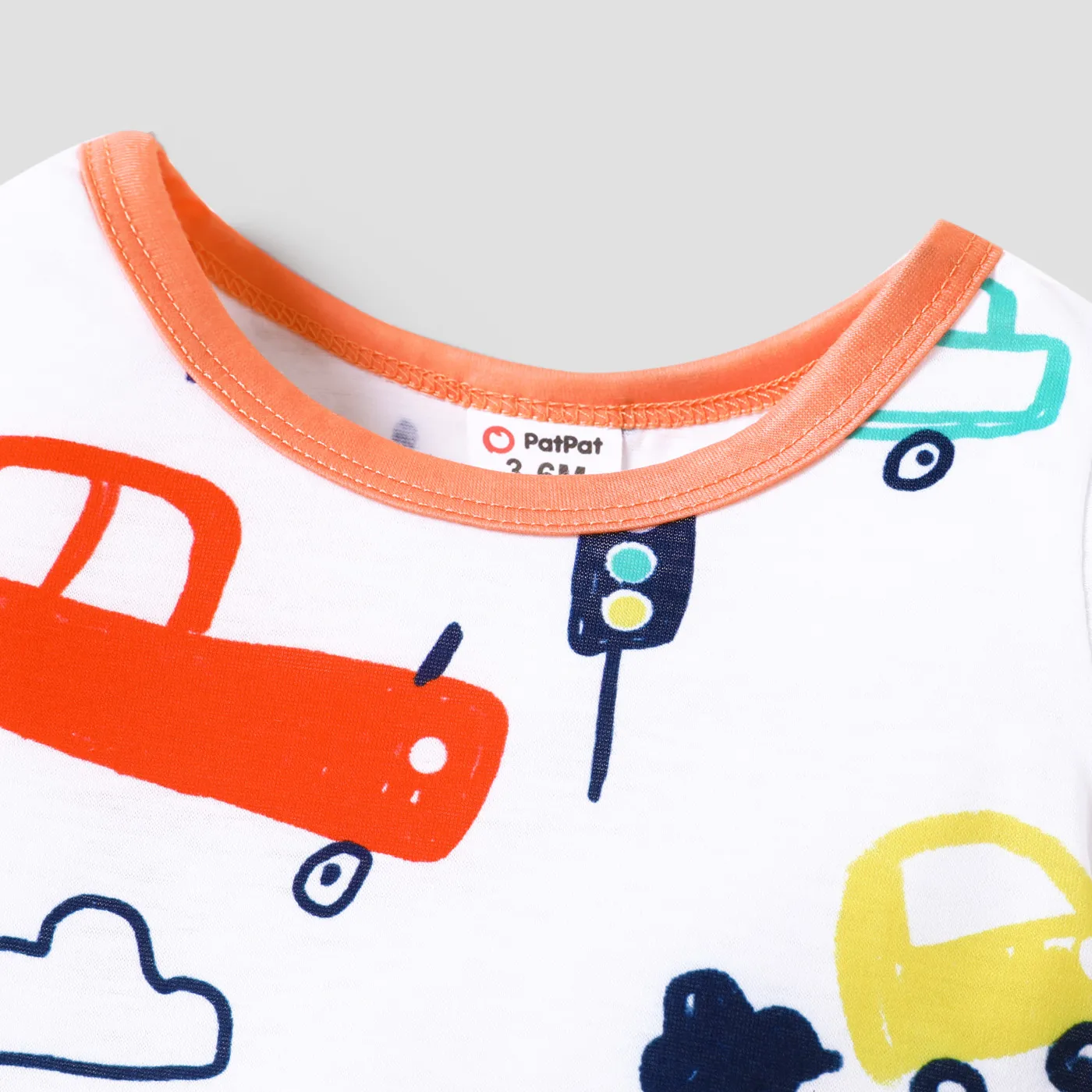 Baby Boy Cartoon Vehicle Print Grey/White/Colorful Striped Short-sleeve Romper Orange image 4