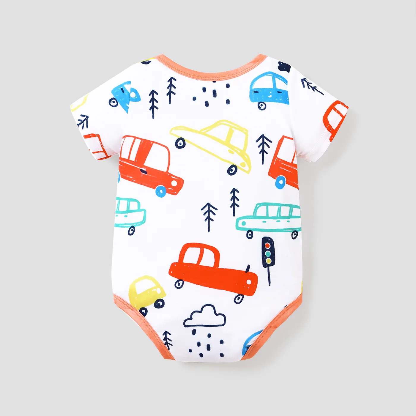 Baby Boy Cartoon Vehicle Print Grey/White/Colorful Striped Short-sleeve Romper Orange image 3