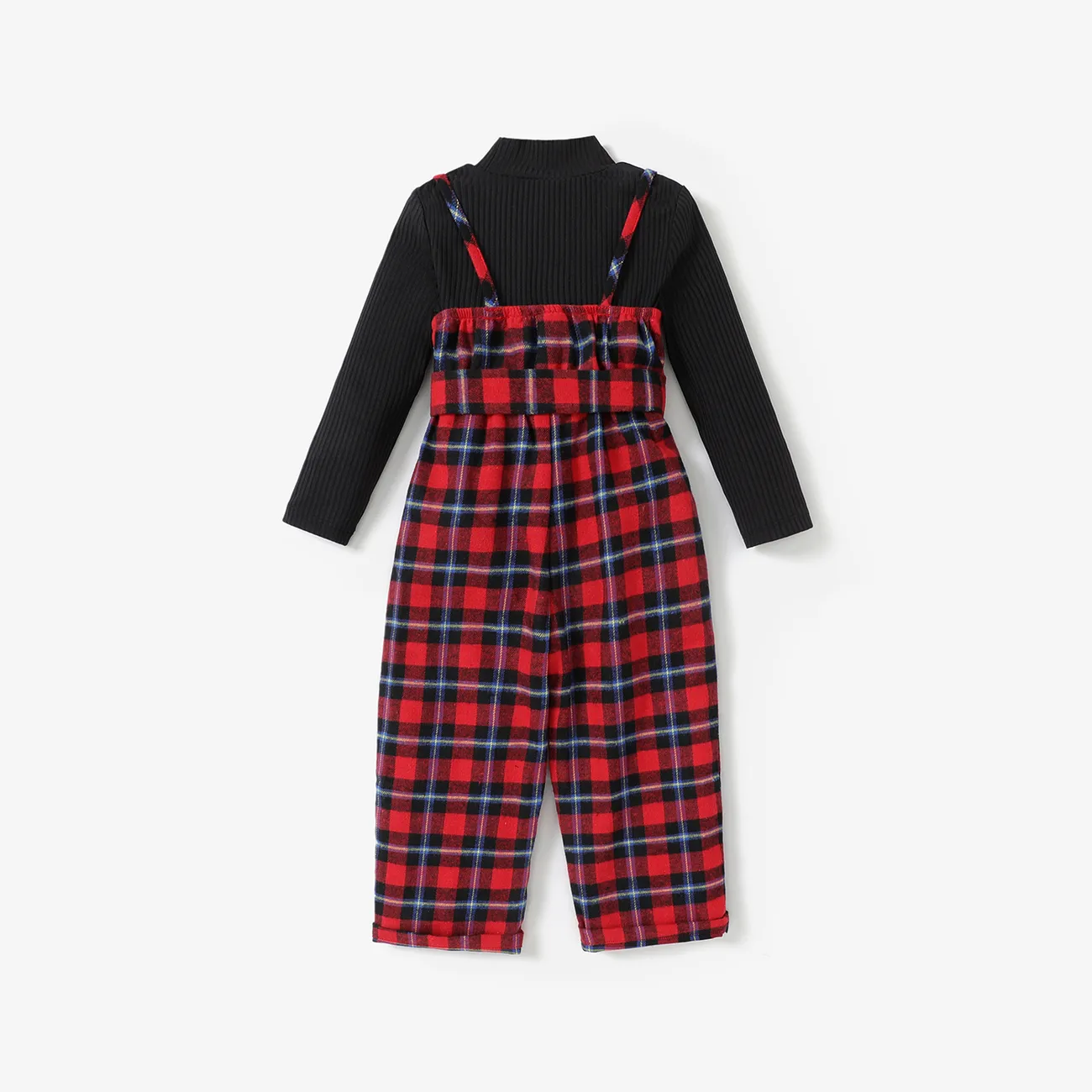 2PCS Toddler Girl  Solid Top/Avant-garde Grid/Houndstooth Hanging Strap Holiday Jumpsuit Sets  Red big image 1